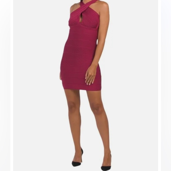 Herve Leger Womens Dress Raspberry Cross Front Halter Bandage Knit Mini  Medium - threedaughtersproperties.com